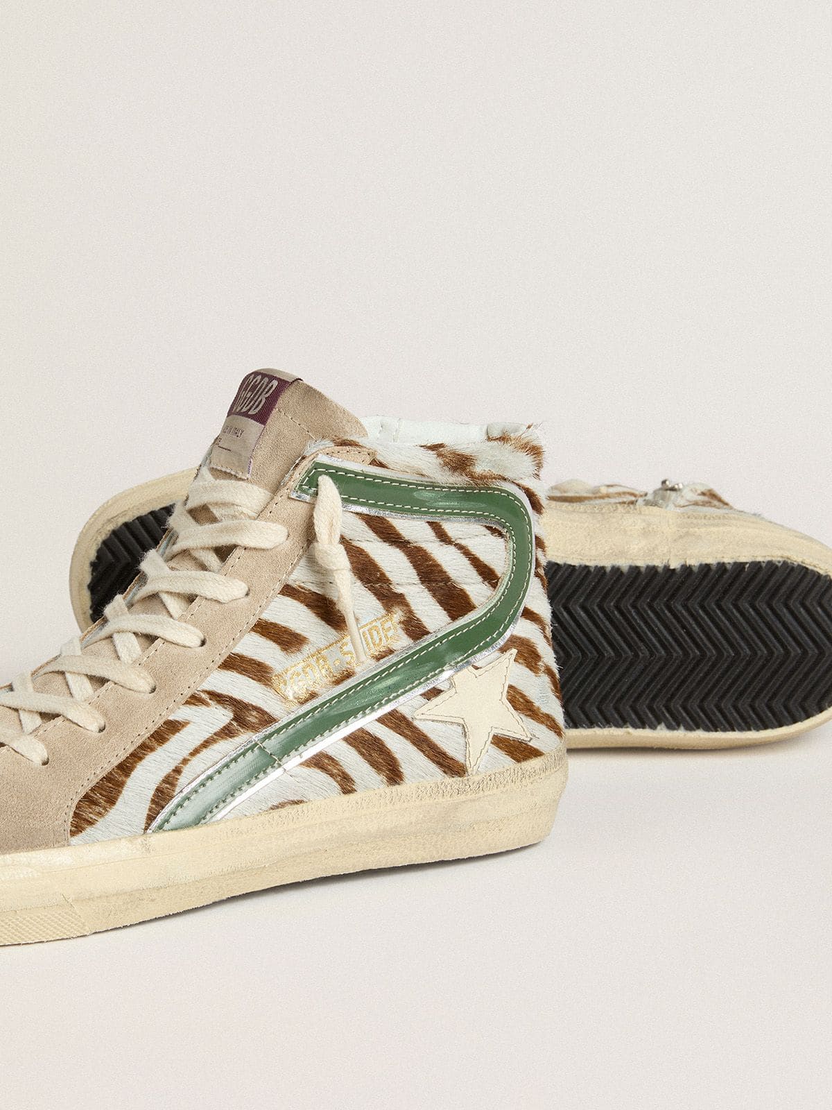 Golden Goose Women's Slide in zebra-print pony skin with green laminated leather flash