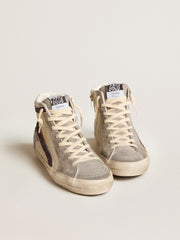 Golden Goose Slide with gray leather star and wine-colored glitter flash