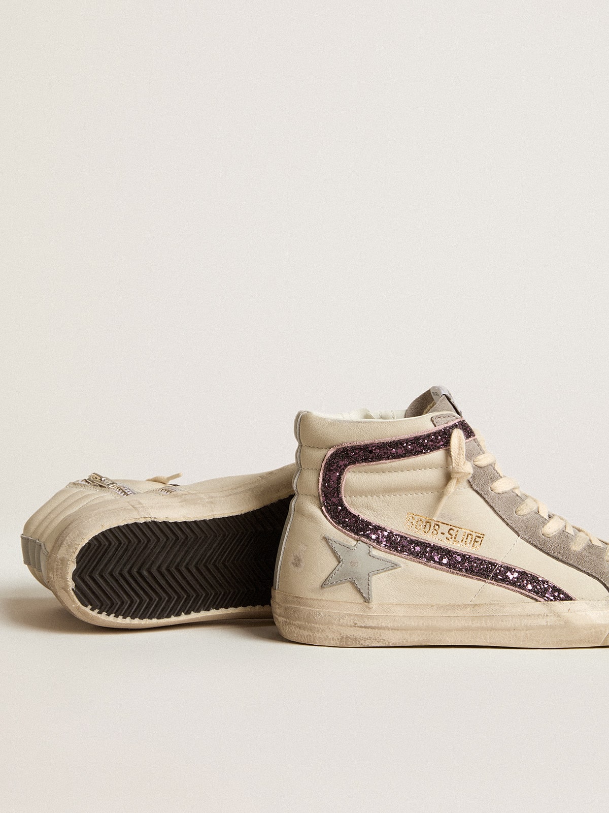 Golden Goose Slide with gray leather star and wine-colored glitter flash