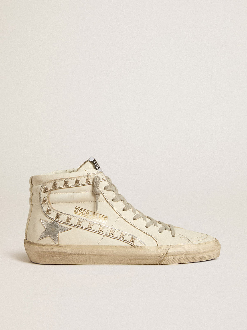 Golden Goose Slide with silver metallic leather star and leather flash with stars
