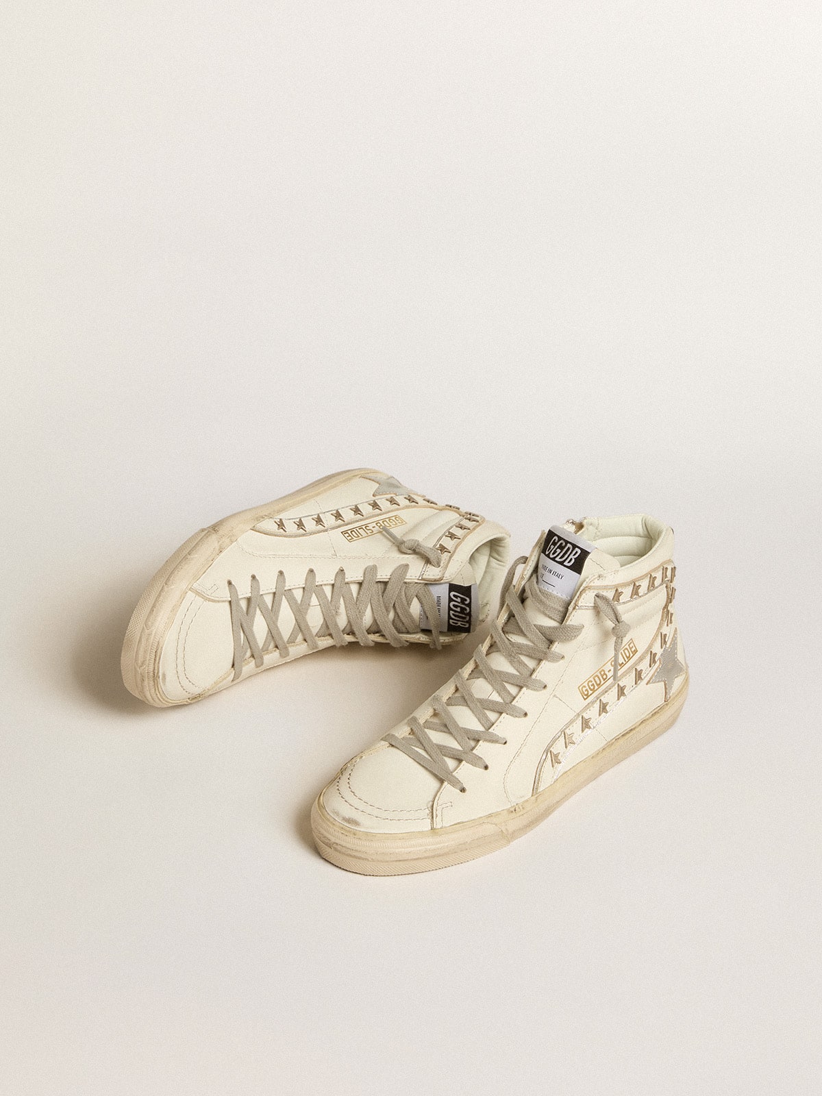 Golden Goose Slide with silver metallic leather star and leather flash with stars
