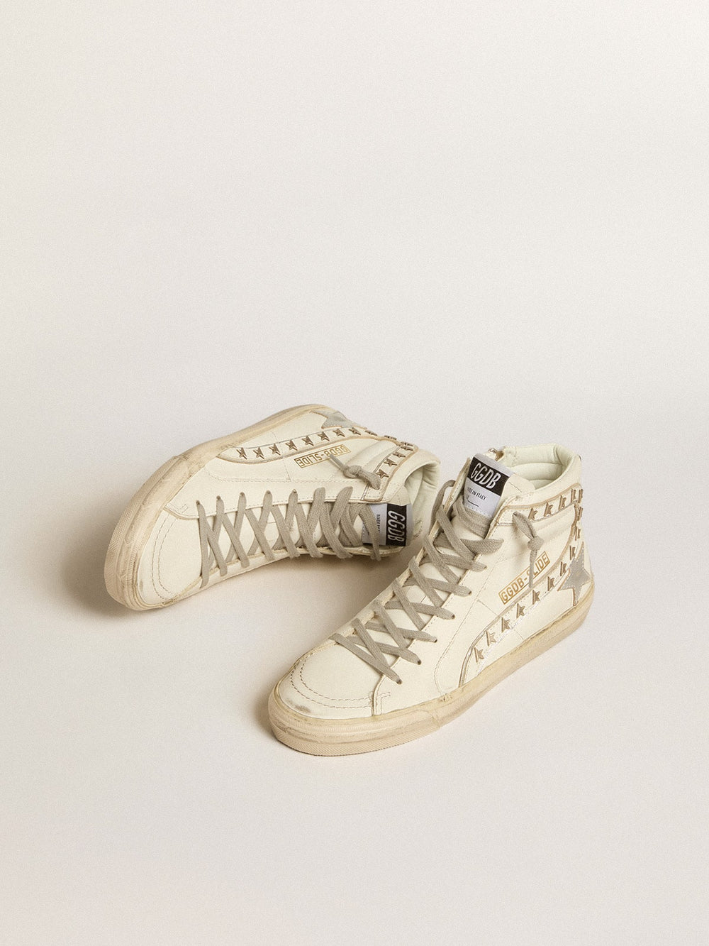 Golden Goose Slide with silver metallic leather star and leather flash with stars
