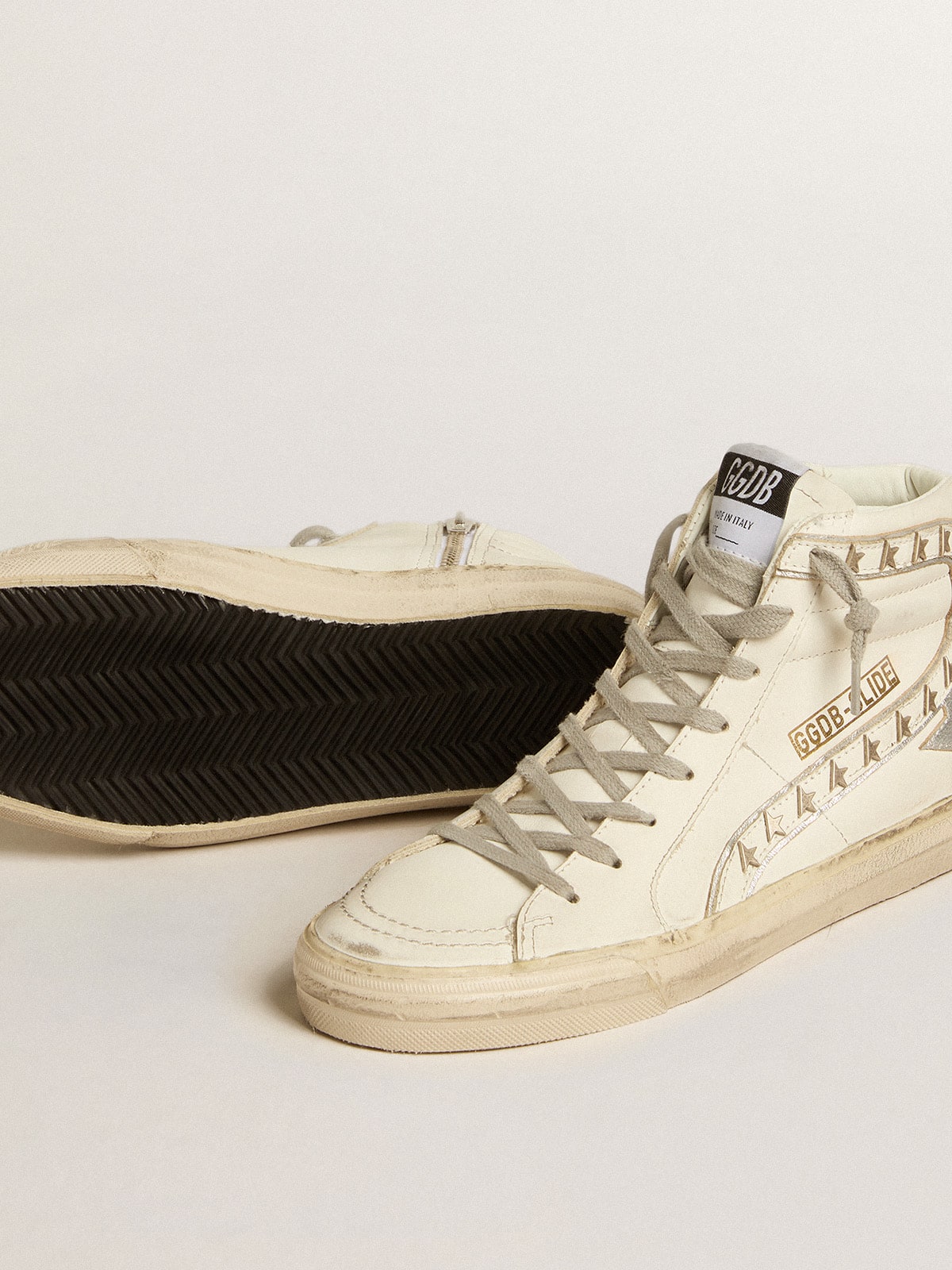 Golden Goose Slide with silver metallic leather star and leather flash with stars