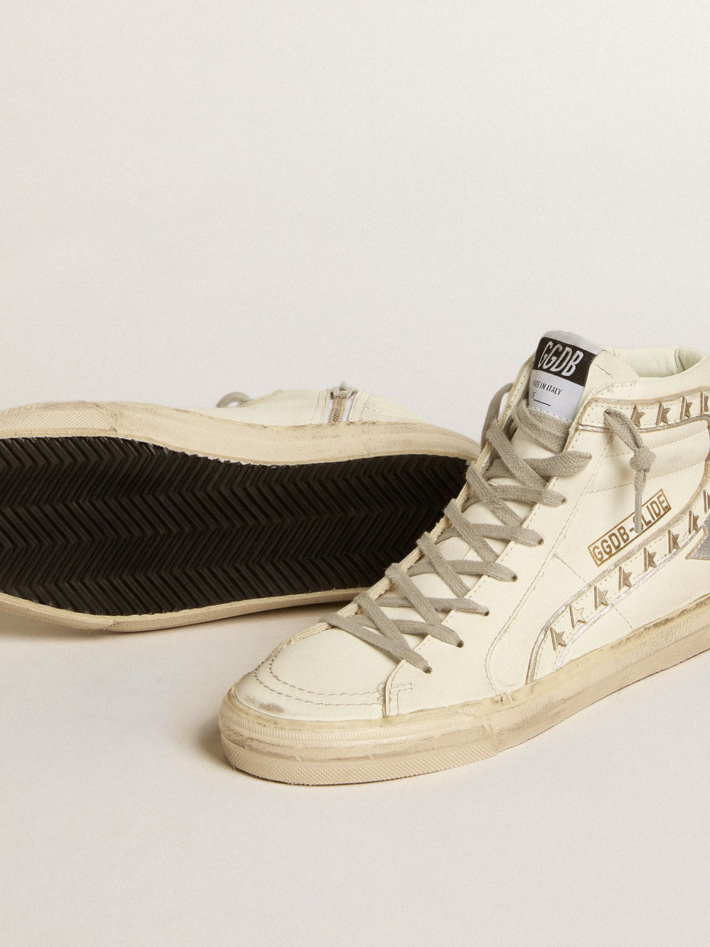 Golden Goose Slide with silver metallic leather star and leather flash with stars