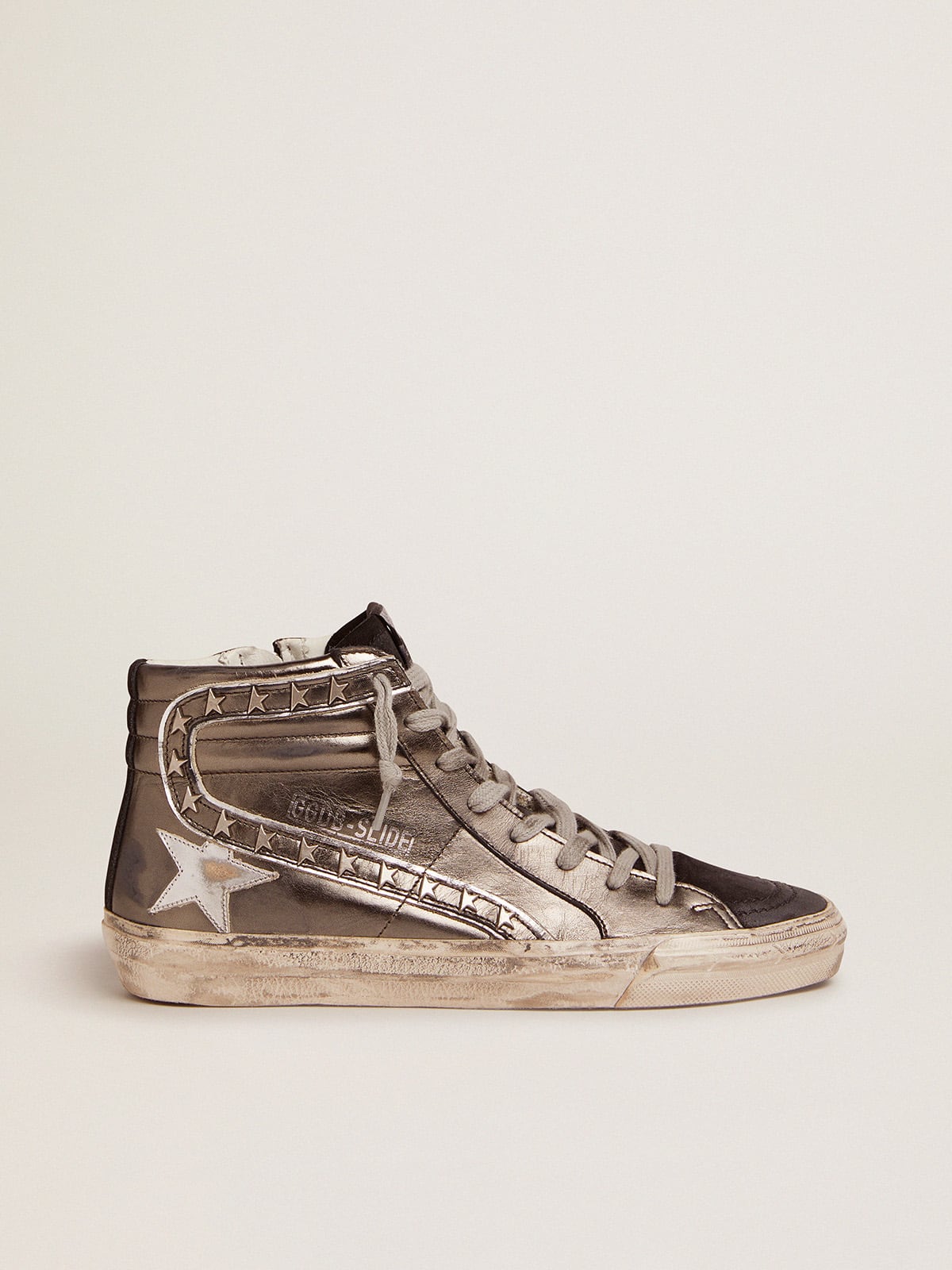 Golden Goose Women's Slide with silver laminated leather upper and studs