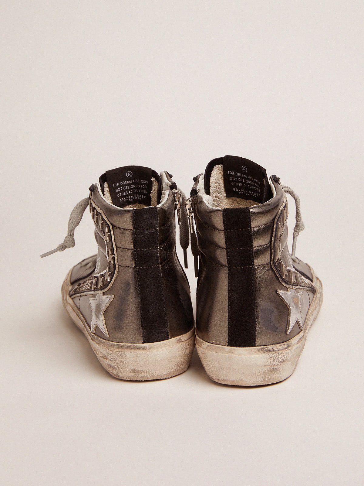 Golden Goose Women's Slide with silver laminated leather upper and studs
