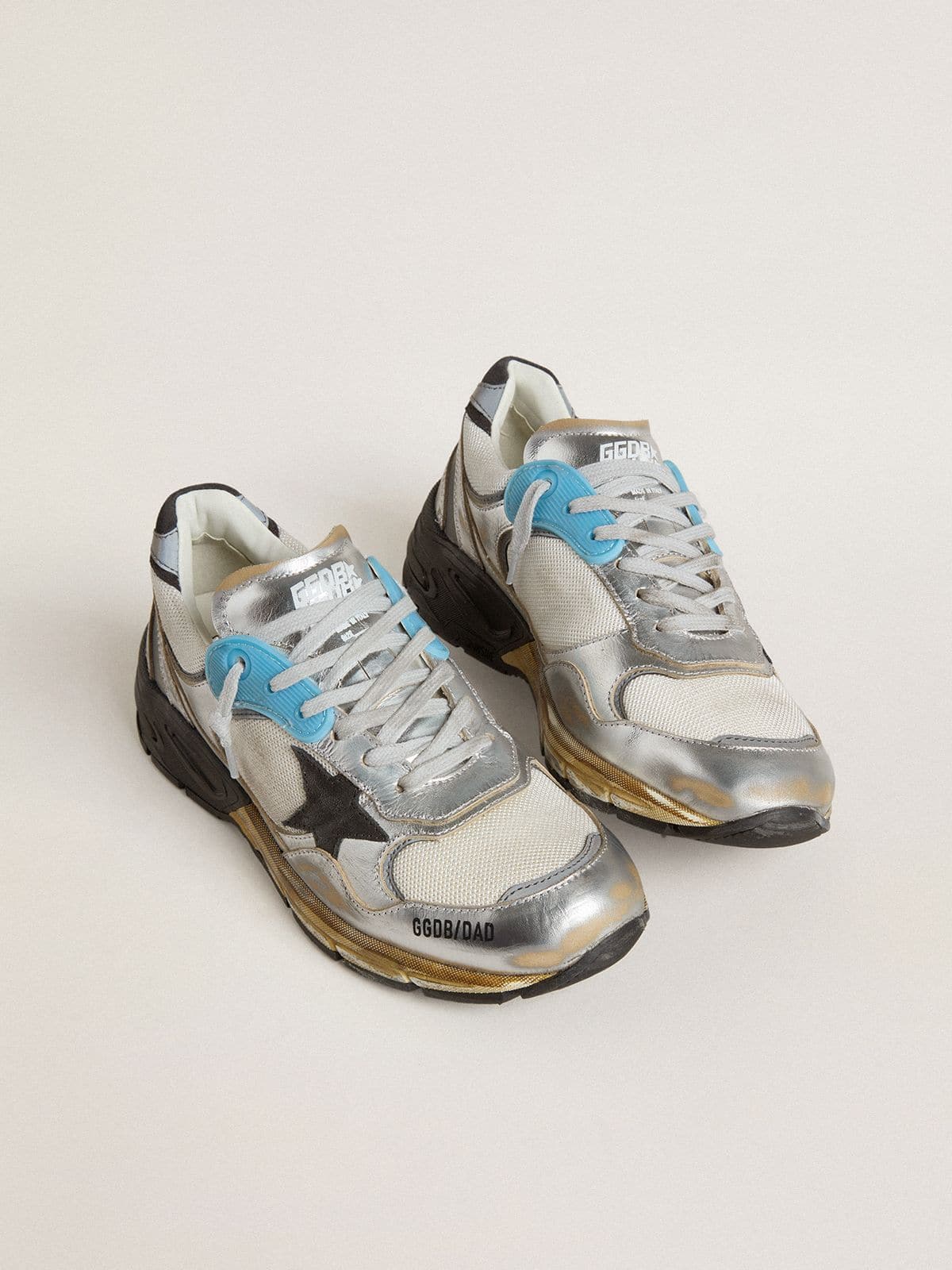 Golden Goose Women's Dad-Star in mesh and silver foiled leather with black suede star