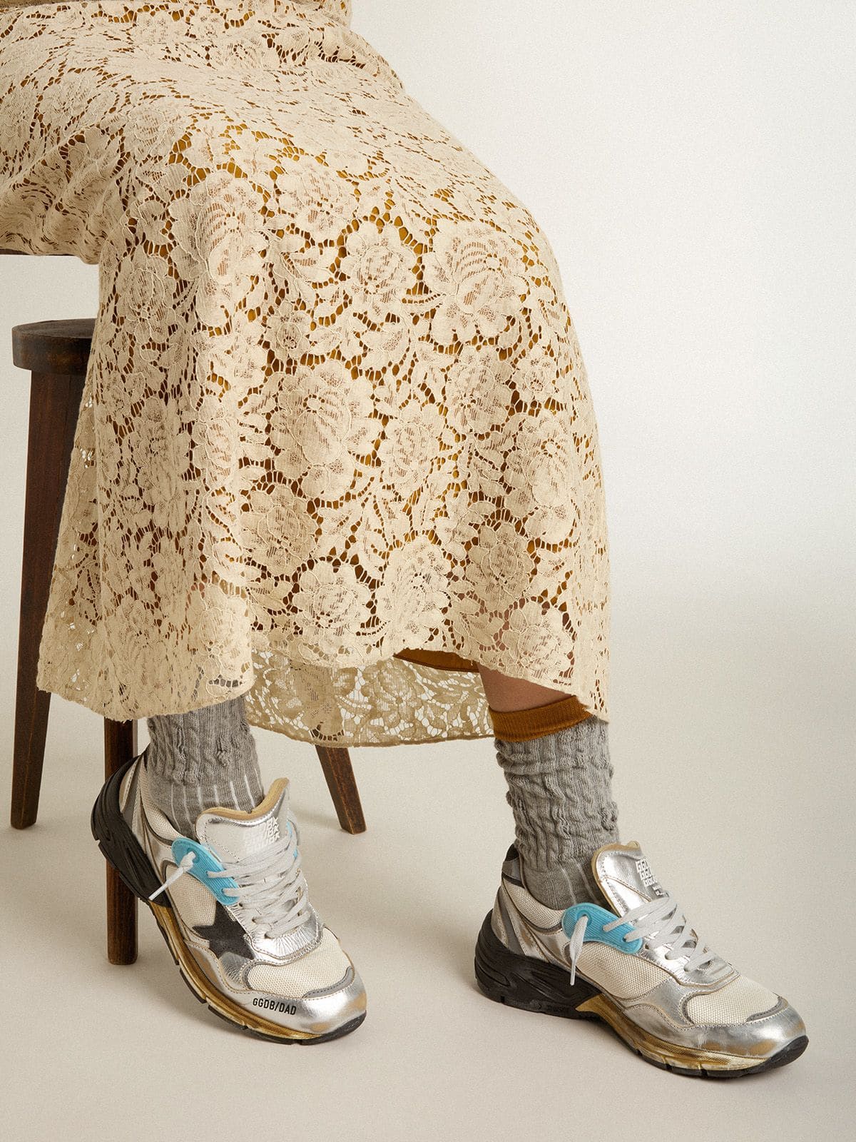 Golden Goose Women's Dad-Star in mesh and silver foiled leather with black suede star