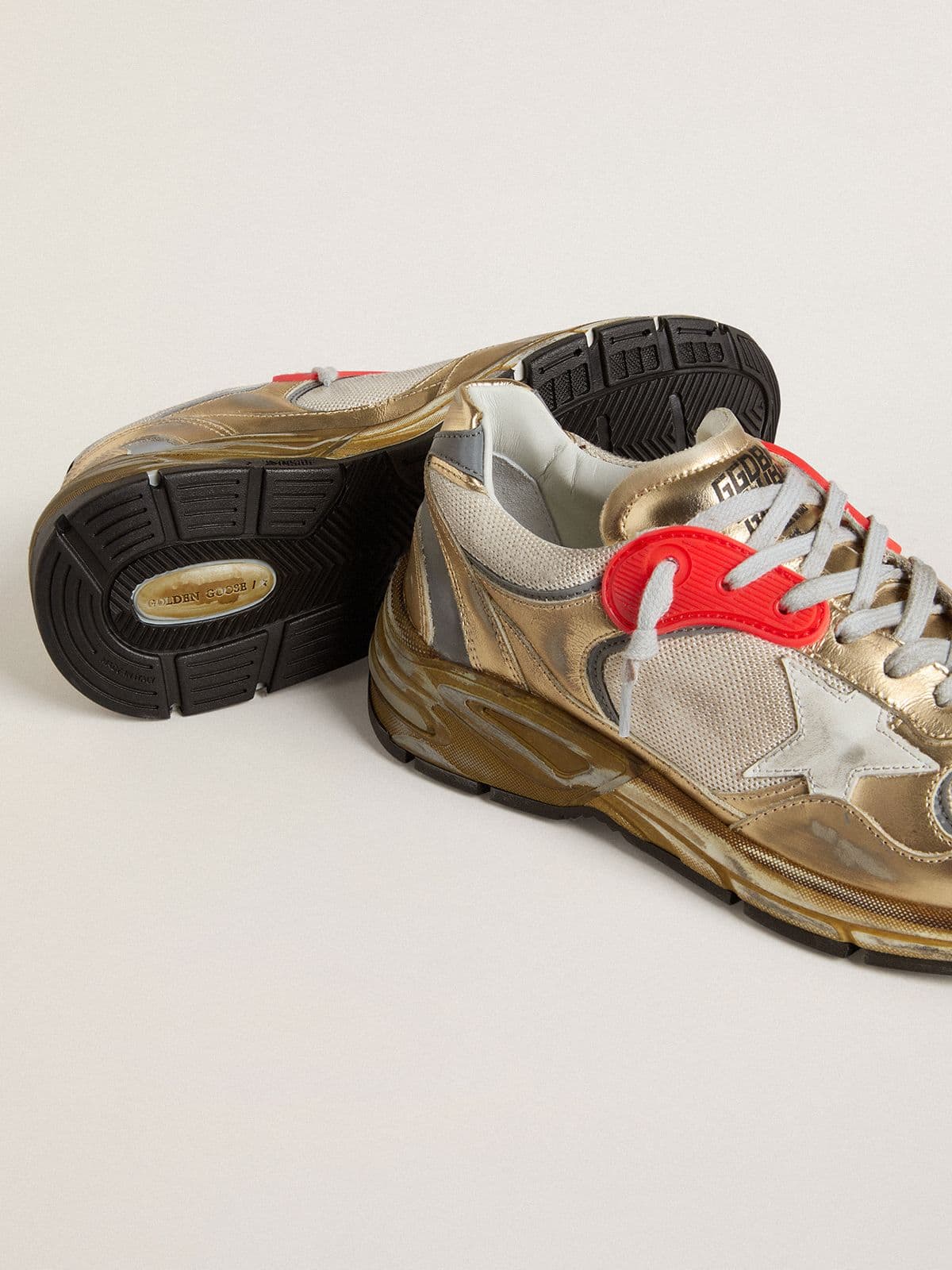 Golden Goose Women's Dad-Star in mesh and gold foiled leather with white leather star