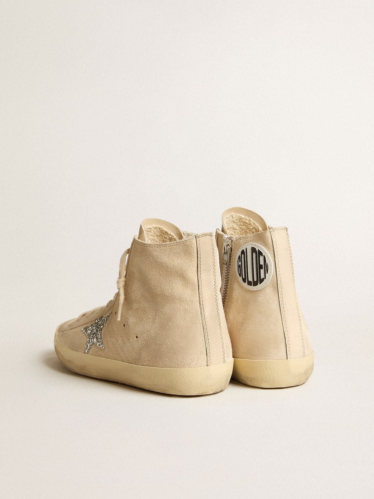 Golden Goose Women's Francy in beige suede with silver glitter star