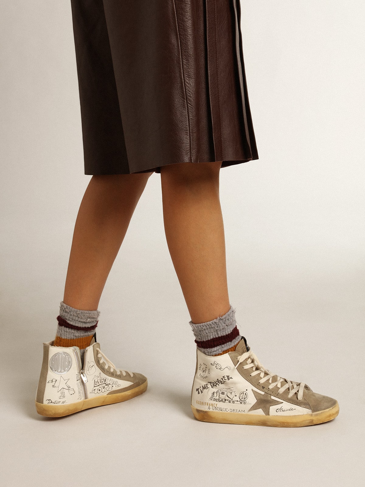 Golden Goose Women's Francy with dove gray suede inserts and all-over lettering