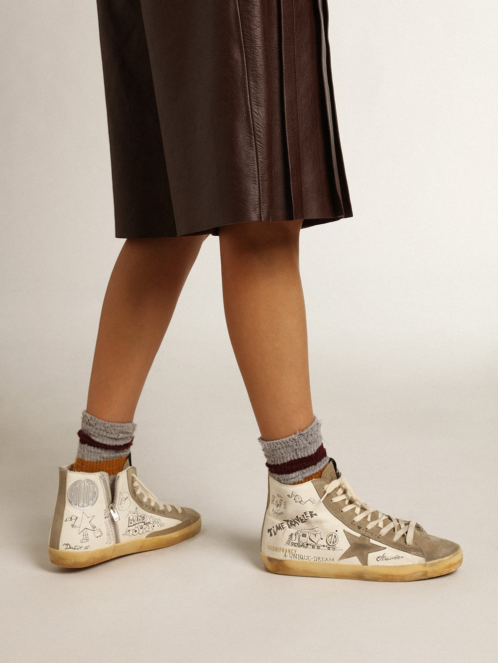 Golden Goose Women's Francy with dove gray suede inserts and all-over lettering