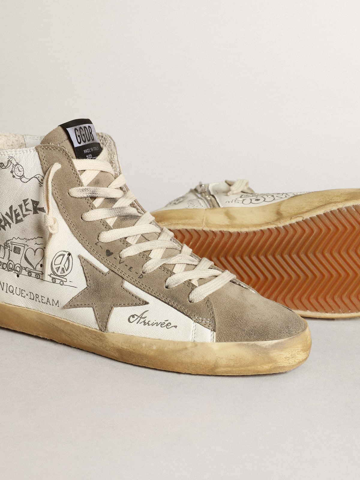 Golden Goose Women's Francy with dove gray suede inserts and all-over lettering