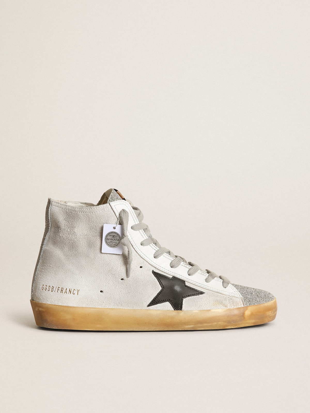 Golden Goose Women’s Francy in white suede with black leather star and silver Swarovski crystal tongue