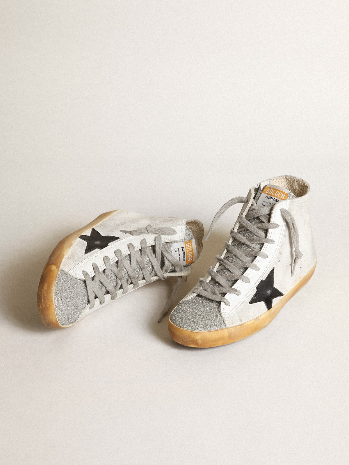 Golden Goose Women’s Francy in white suede with black leather star and silver Swarovski crystal tongue
