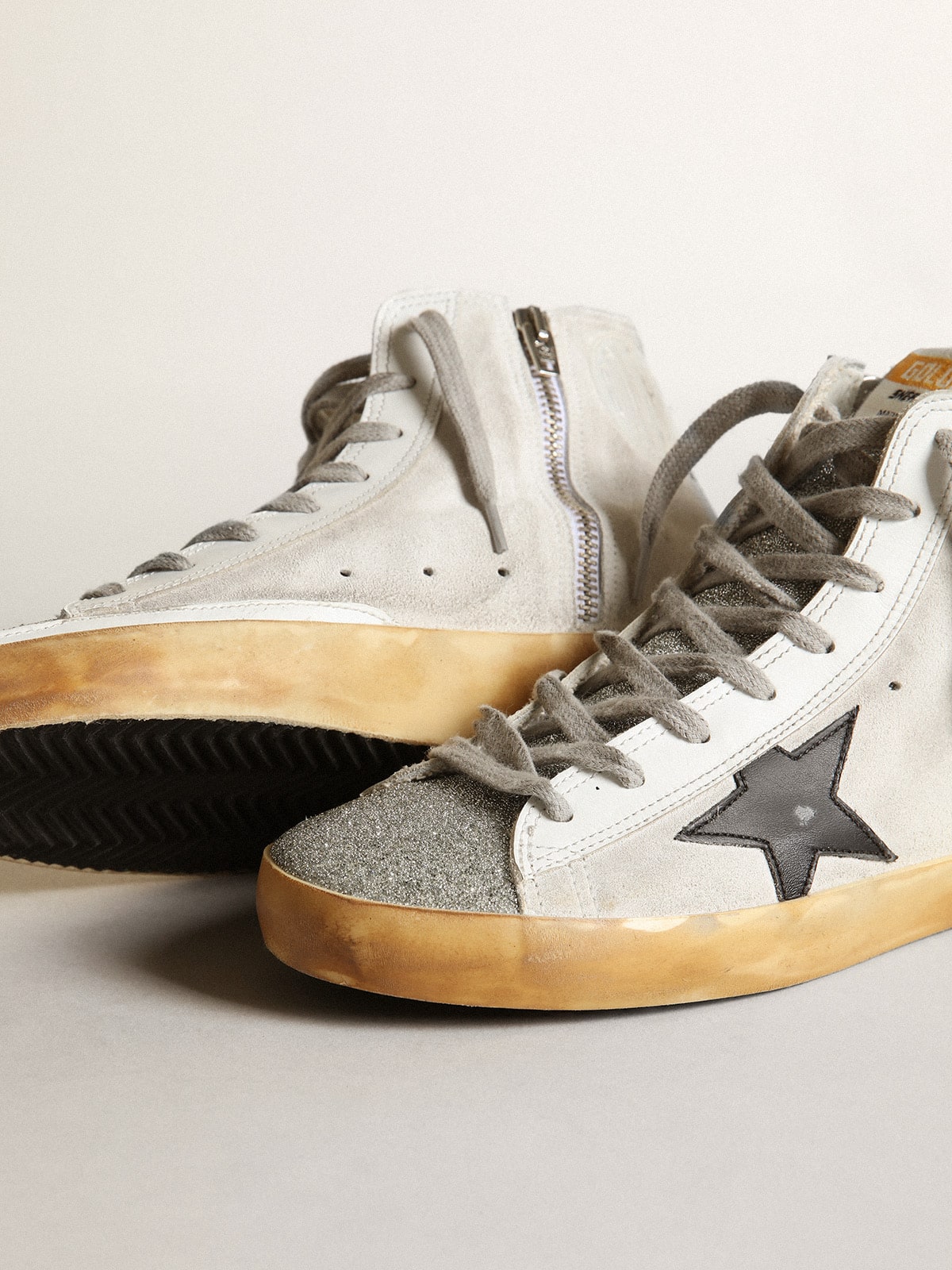 Golden Goose Women’s Francy in white suede with black leather star and silver Swarovski crystal tongue