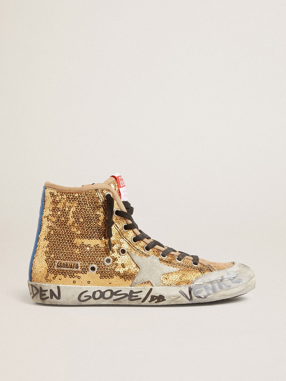 Golden Goose Francy Penstar in gold paiettes with suede star and bright blue heel tab