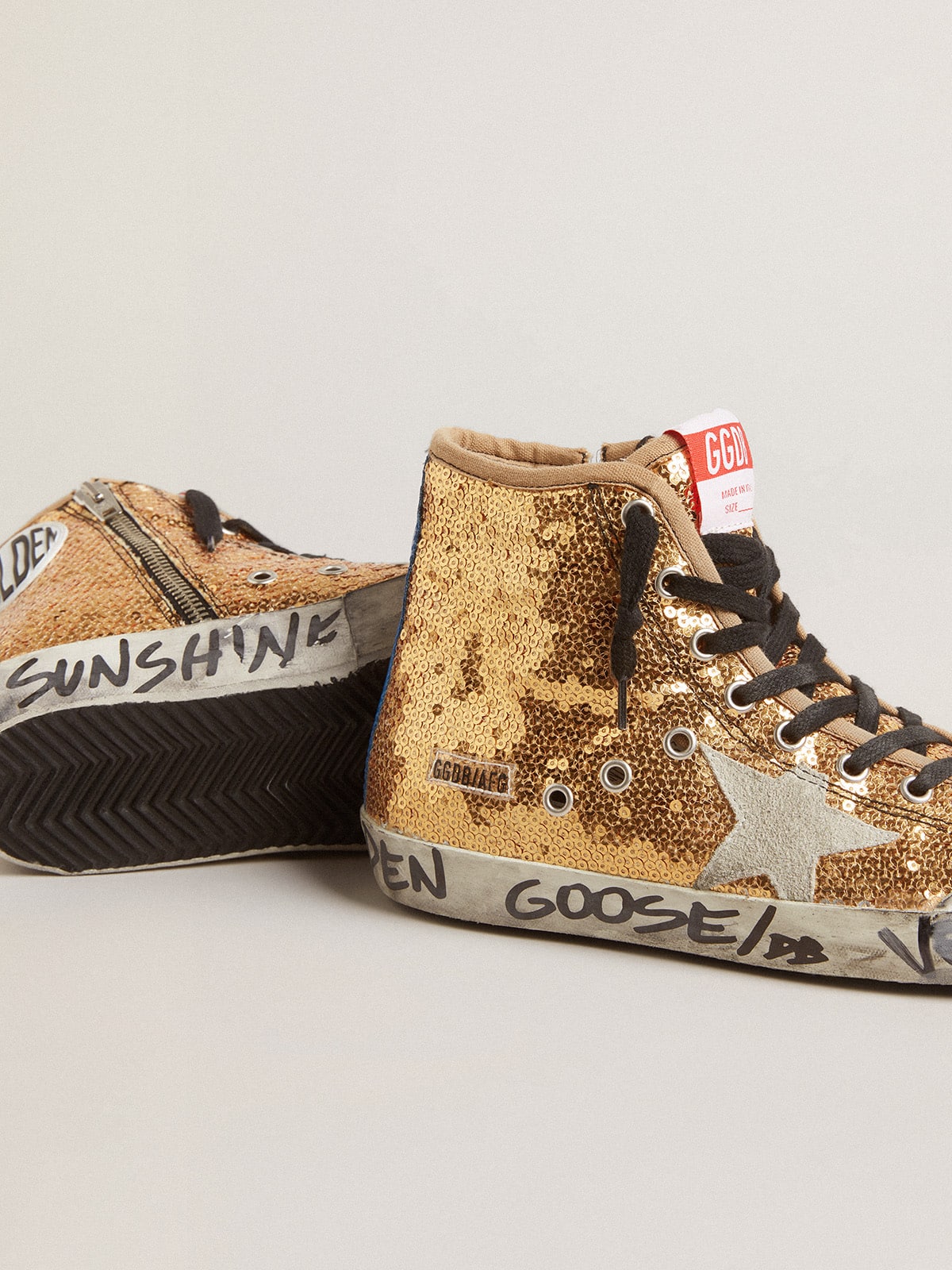 Golden Goose Francy Penstar in gold paiettes with suede star and bright blue heel tab