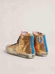 Golden Goose Francy Penstar in gold paiettes with suede star and bright blue heel tab