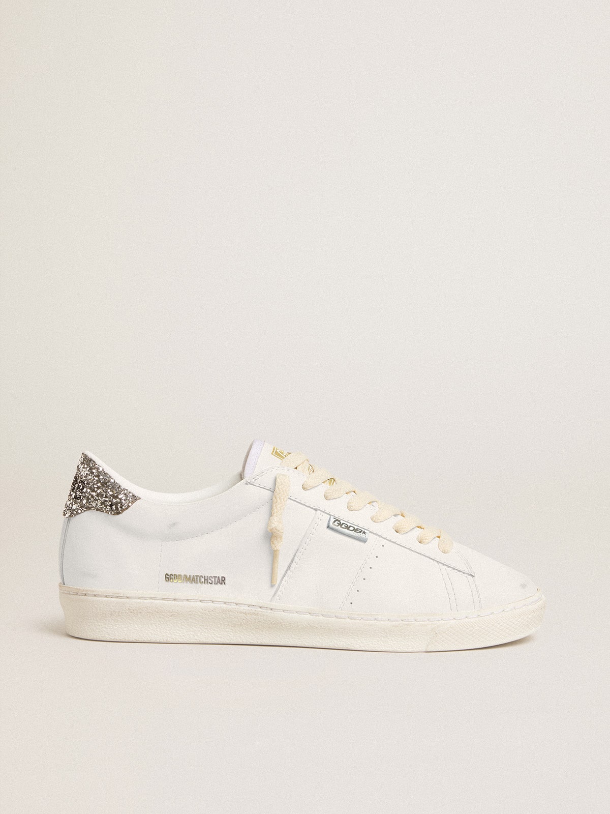 Golden Goose Matchstar in white leather with silver glitter heel tab