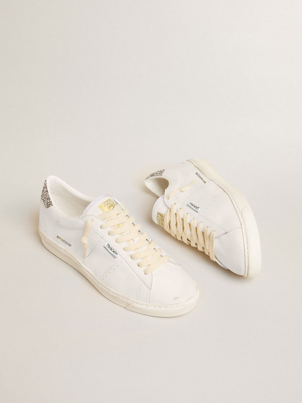 Golden Goose Matchstar in white leather with silver glitter heel tab