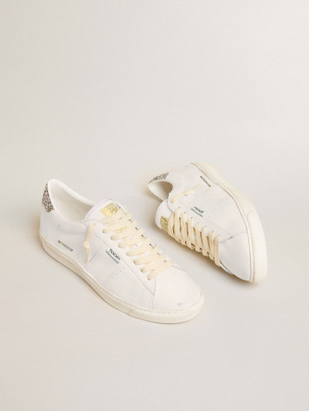 Golden Goose Matchstar in white leather with silver glitter heel tab