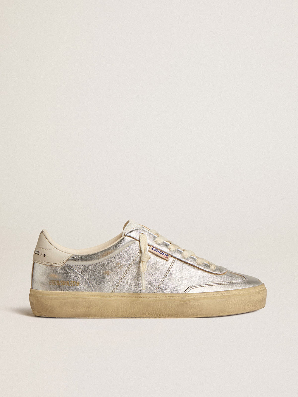 Golden Goose Soul Star in metallic silver leather with white leather heel tab