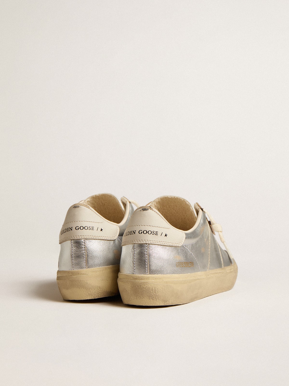 Golden Goose Soul Star in metallic silver leather with white leather heel tab