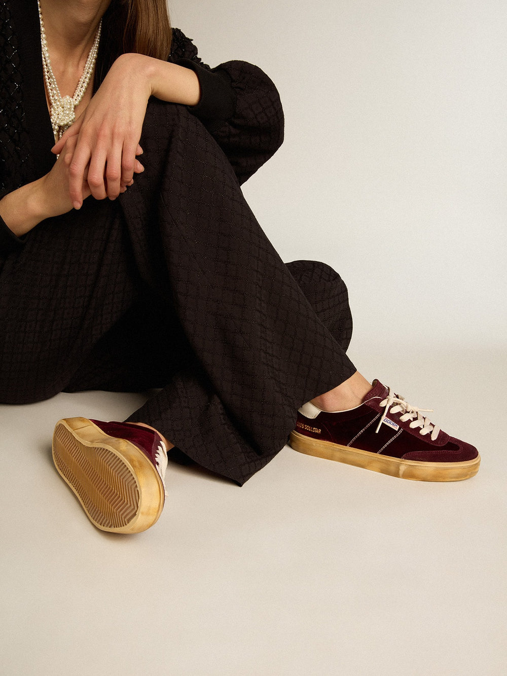 Golden Goose Soul Star in burgundy velvet with white leather heel tab