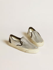 Golden Goose Women's VCE Penstar in metallic silver leather with black leather heel tab