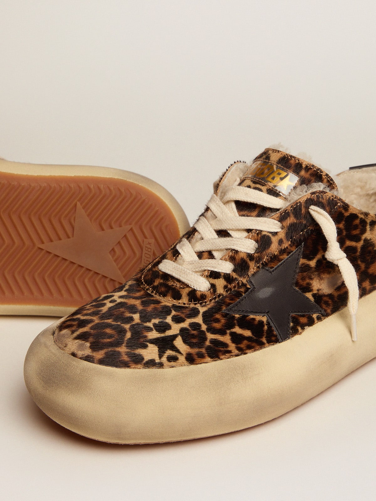 Golden Goose Women's Space-Star shoes in animal-print pony skin with shearling lining