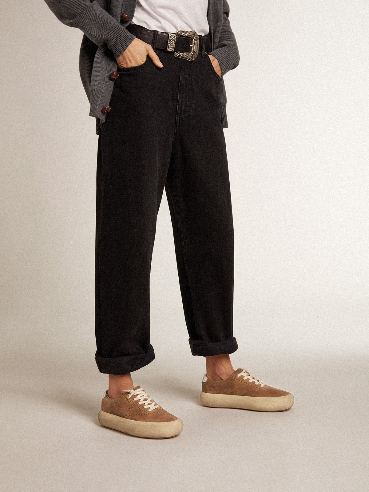 Golden Goose Women's Space-Star in tobacco-colored suede with perforated star