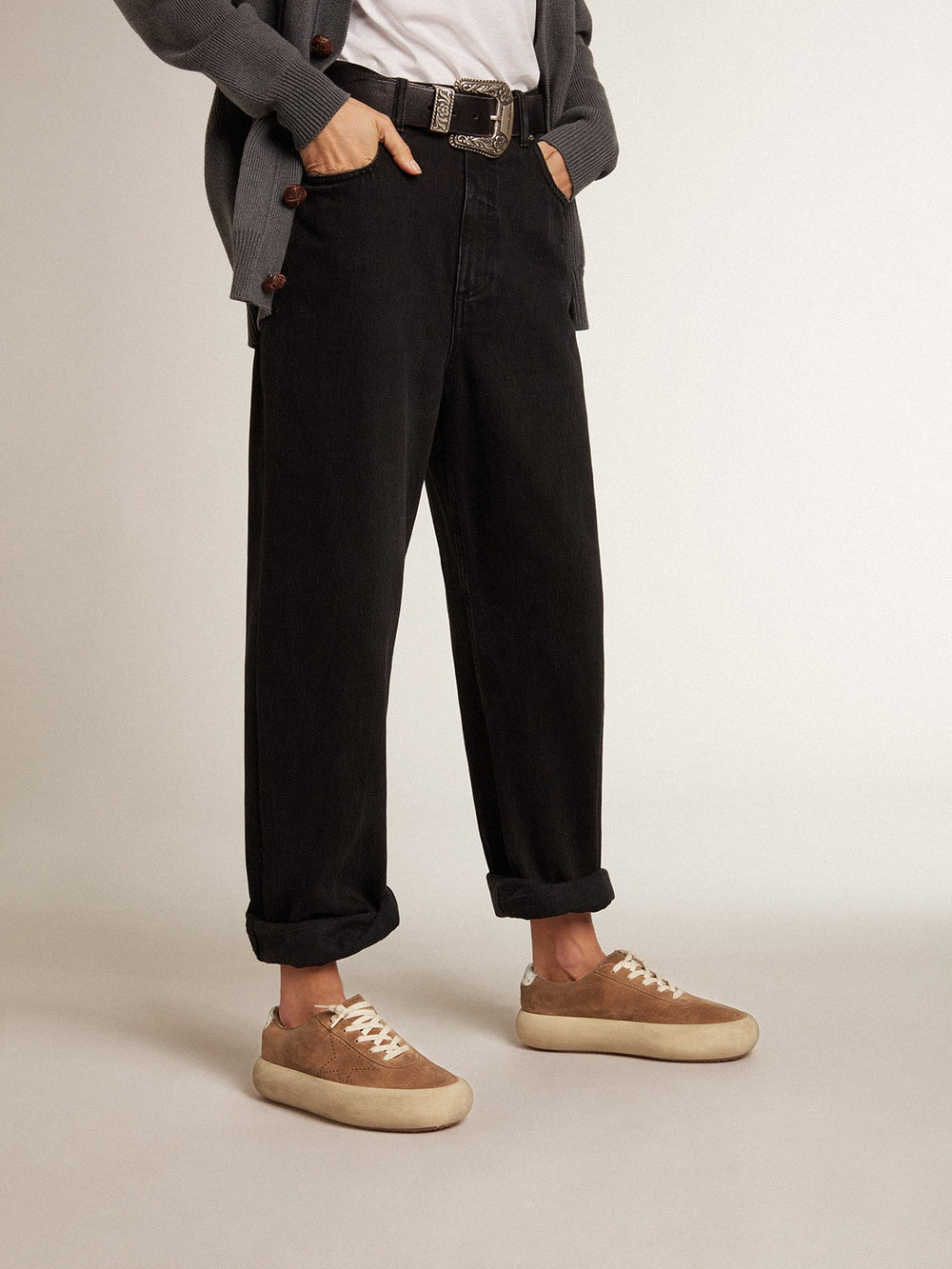 Golden Goose Women's Space-Star in tobacco-colored suede with perforated star