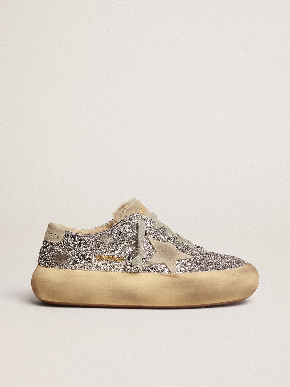 Golden Goose Women's Space-Star shoes in silver glitter with shearling lining