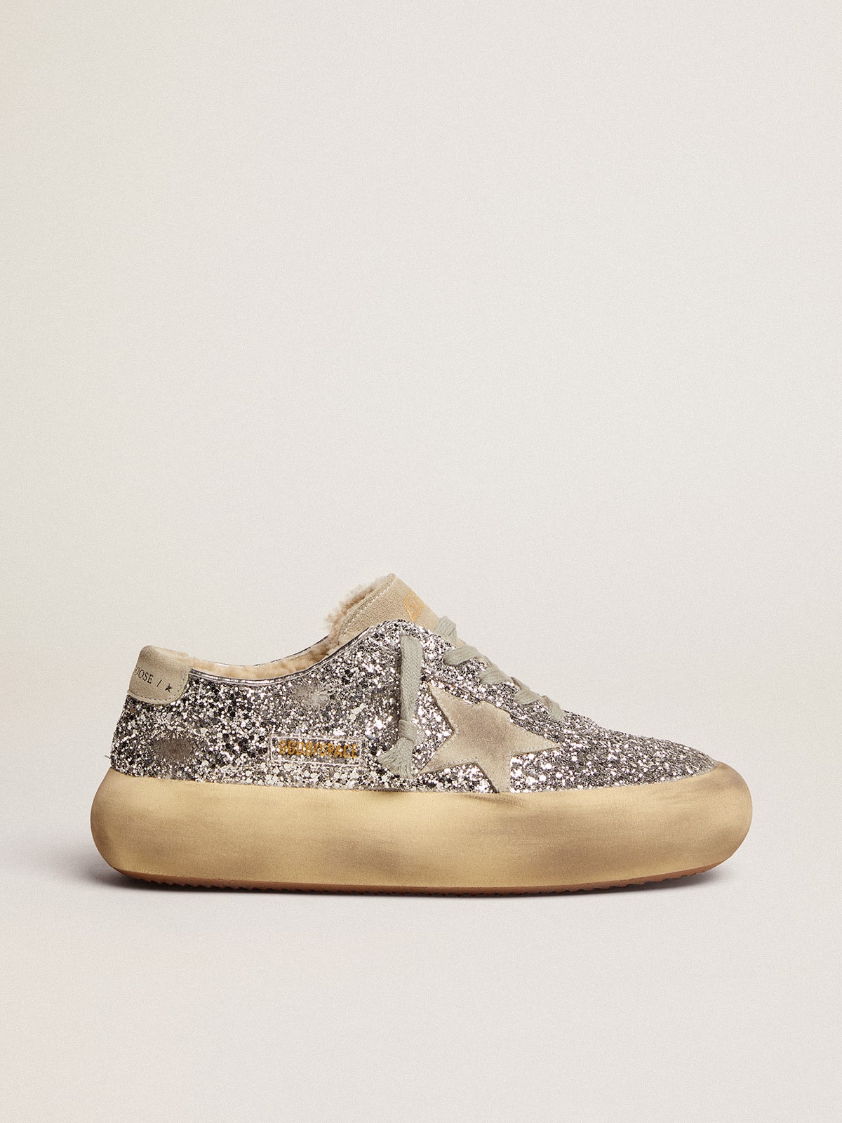 Golden Goose Women's Space-Star shoes in silver glitter with shearling lining