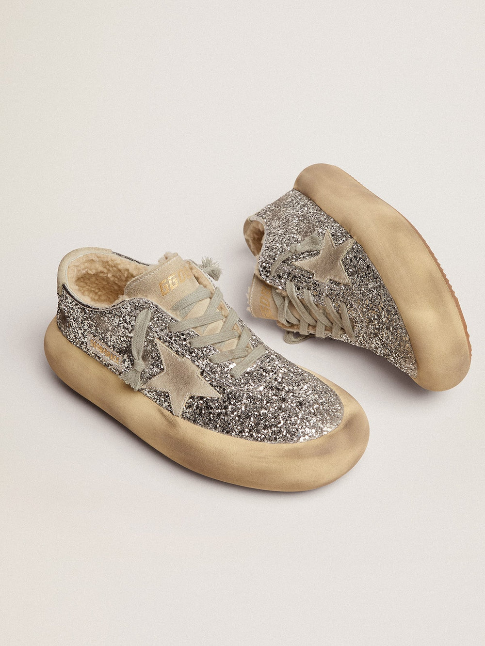 Golden Goose Women's Space-Star shoes in silver glitter with shearling lining