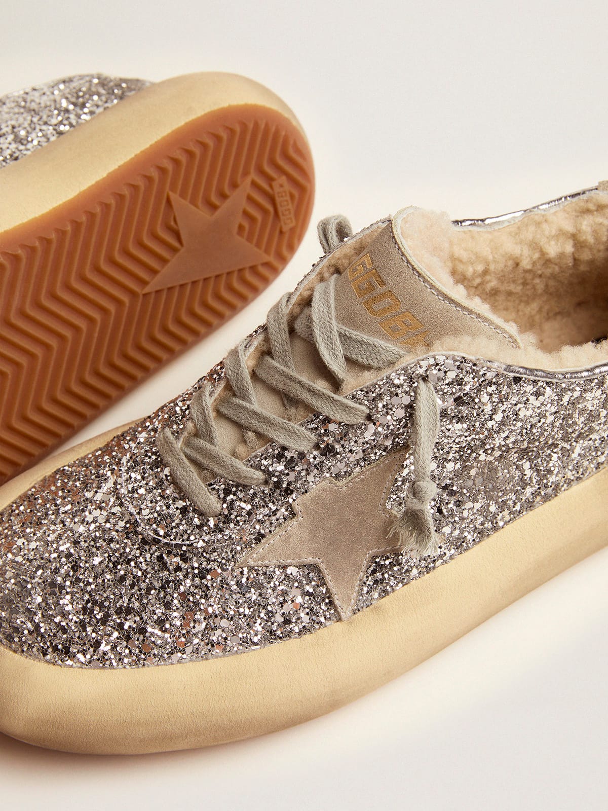 Golden Goose Women's Space-Star shoes in silver glitter with shearling lining