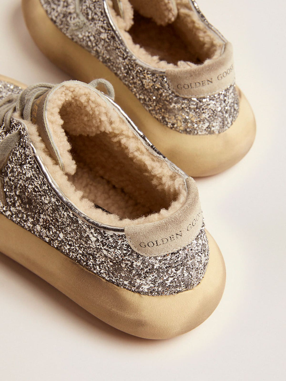 Golden Goose Women's Space-Star shoes in silver glitter with shearling lining
