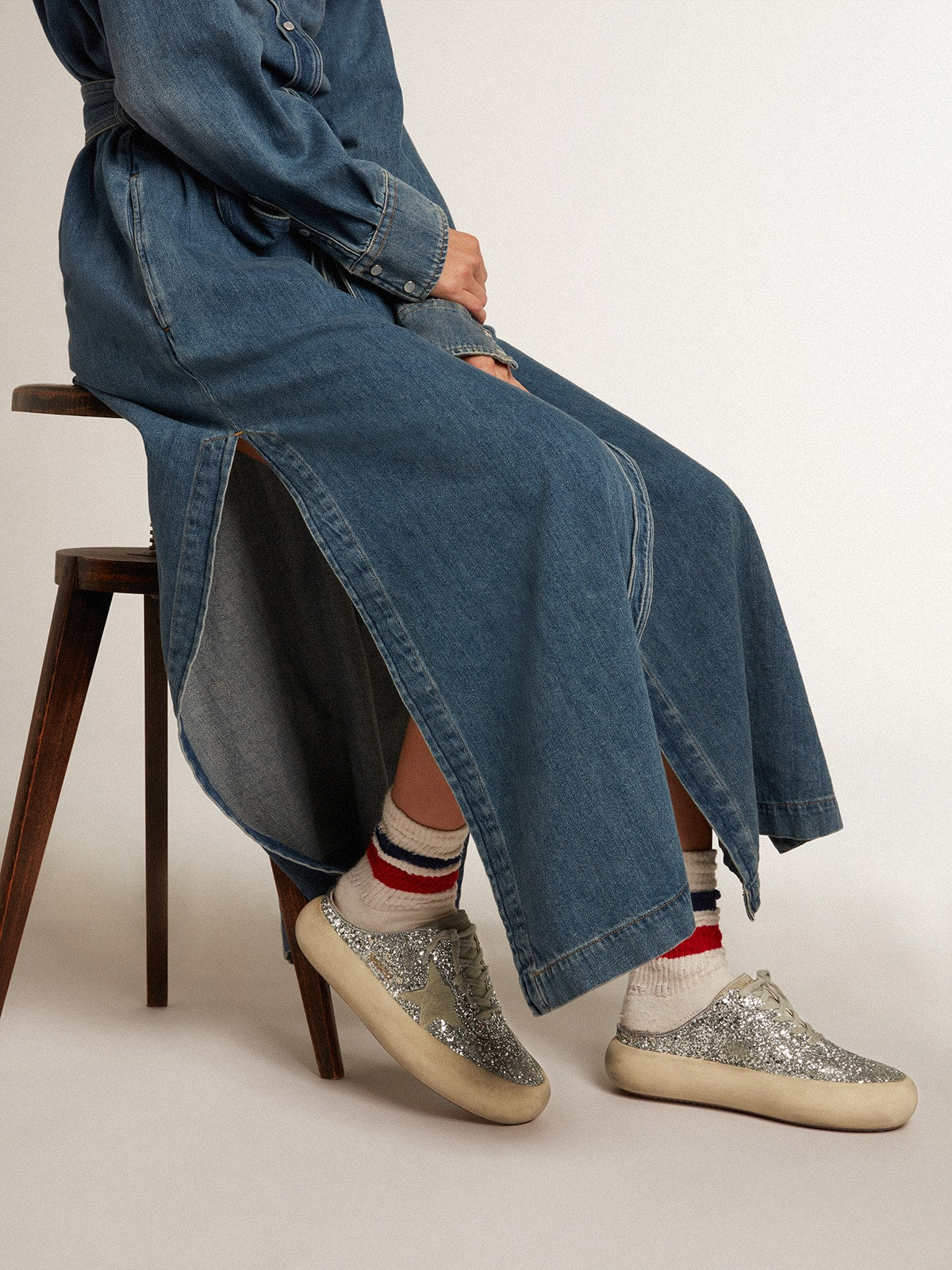 Golden Goose Women's Space-Star Sabot in glitter with ice-gray star and tab