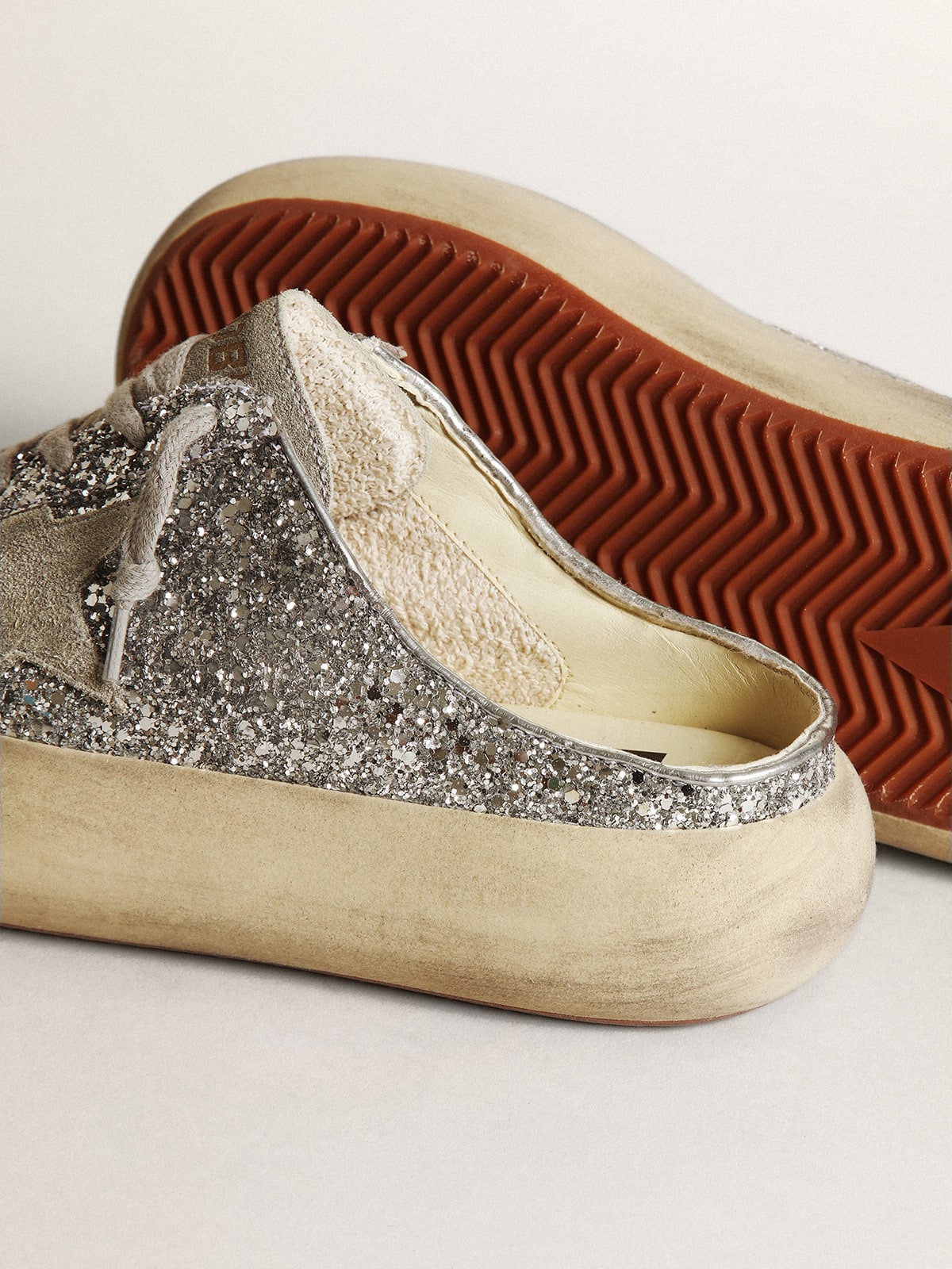 Golden Goose Women's Space-Star Sabot in glitter with ice-gray star and tab