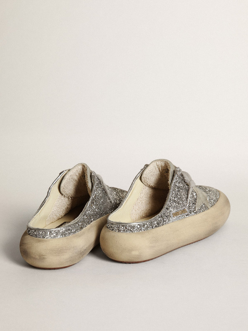 Golden Goose Women's Space-Star Sabot in glitter with ice-gray star and tab