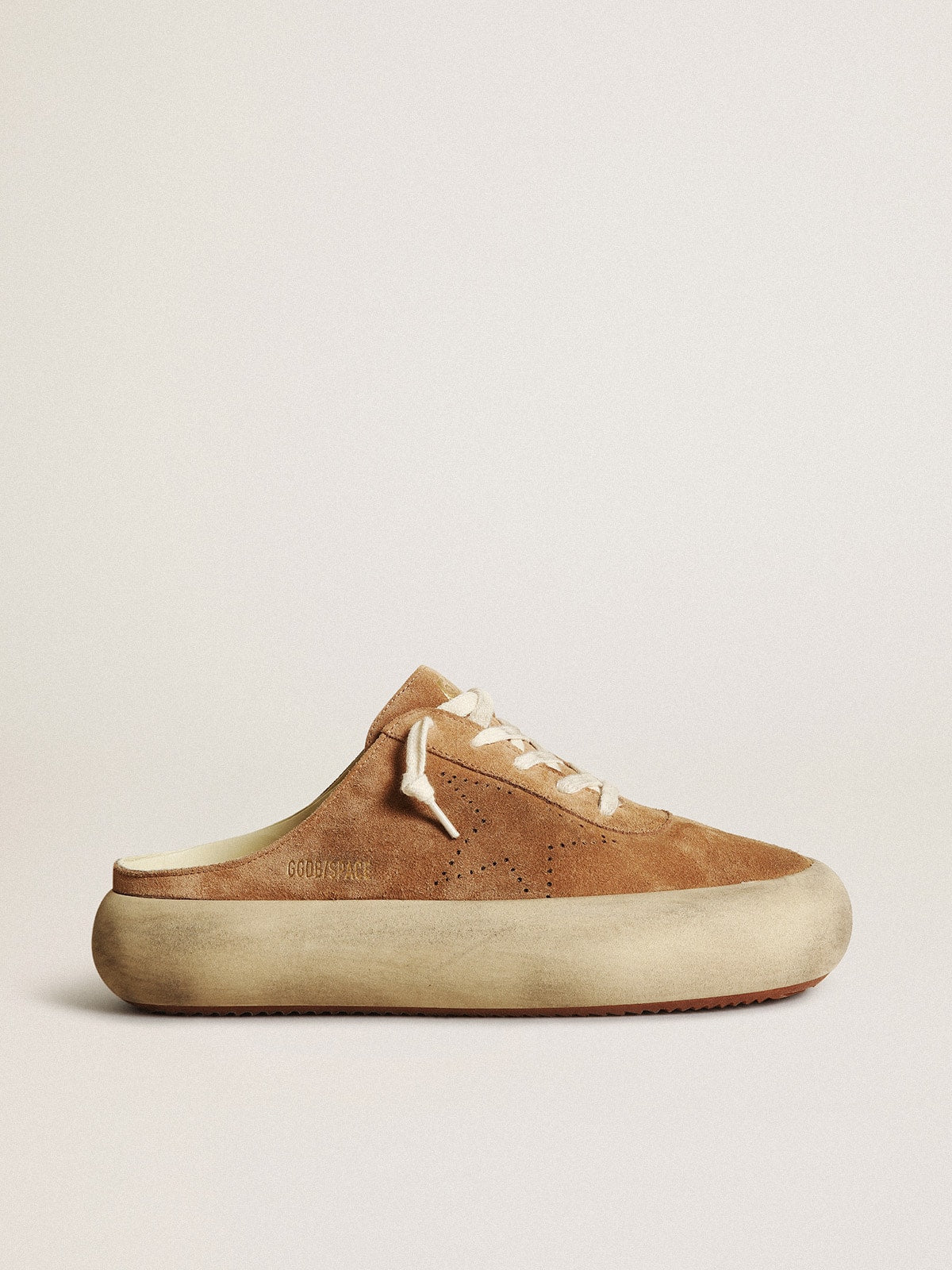 Golden Goose Women's Space-Star Sabot in tobacco-colored suede with perforated star