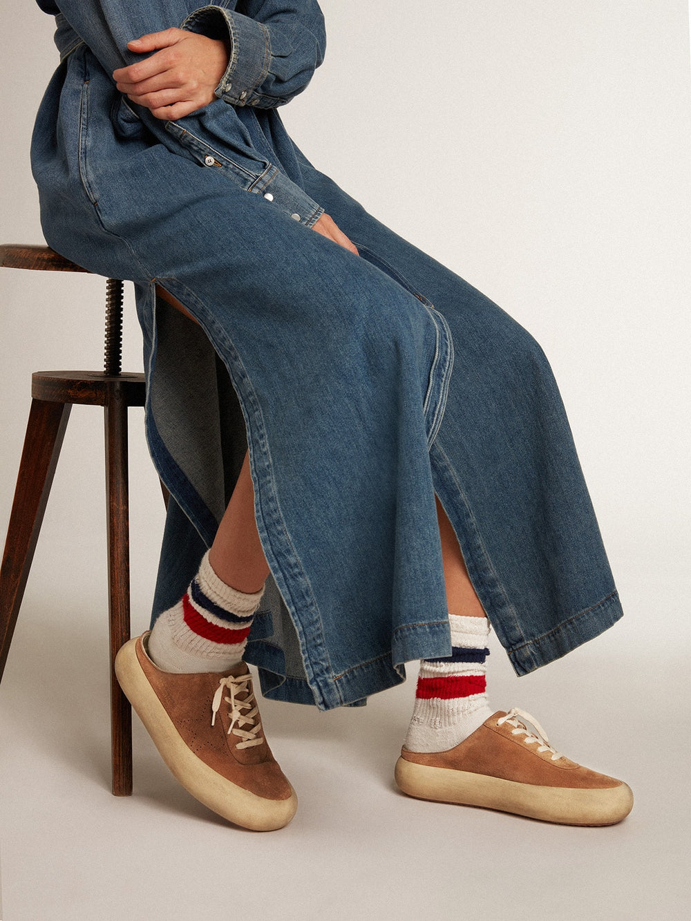 Golden Goose Women's Space-Star Sabot in tobacco-colored suede with perforated star