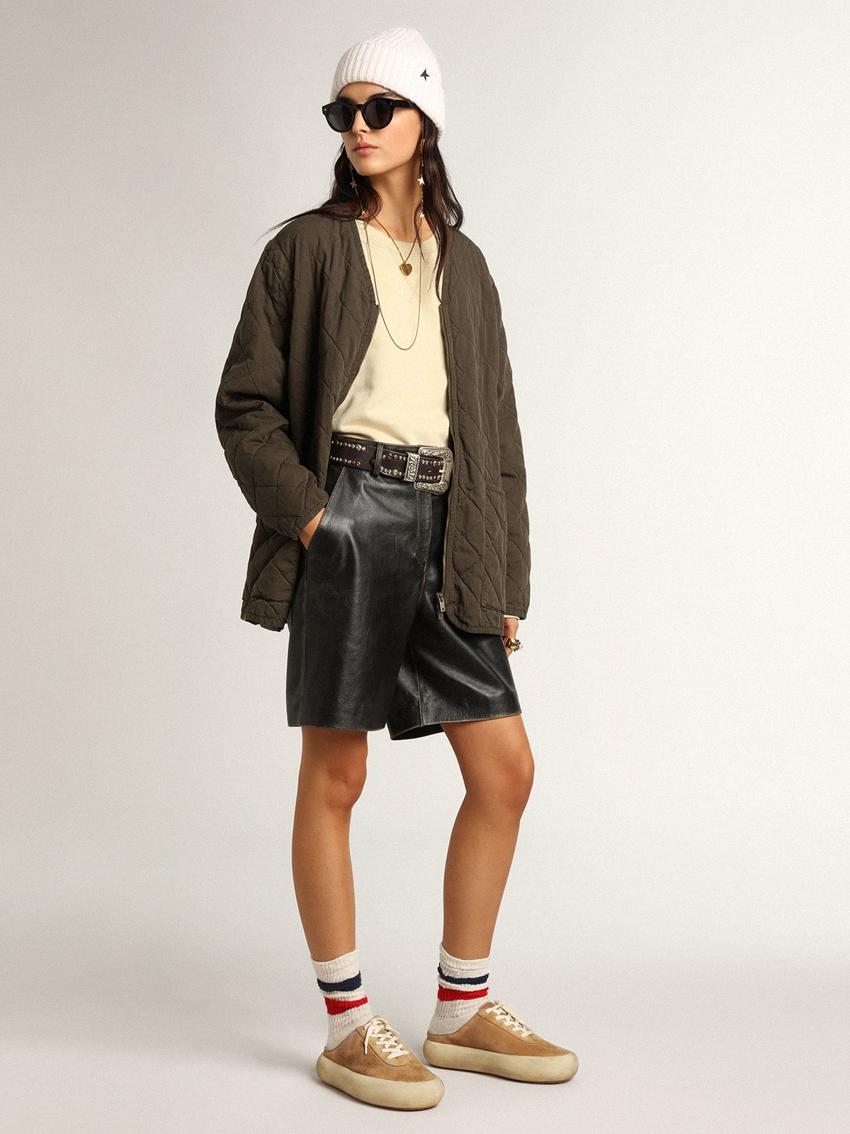Golden Goose Women's Space-Star Sabot in tobacco-colored suede with perforated star