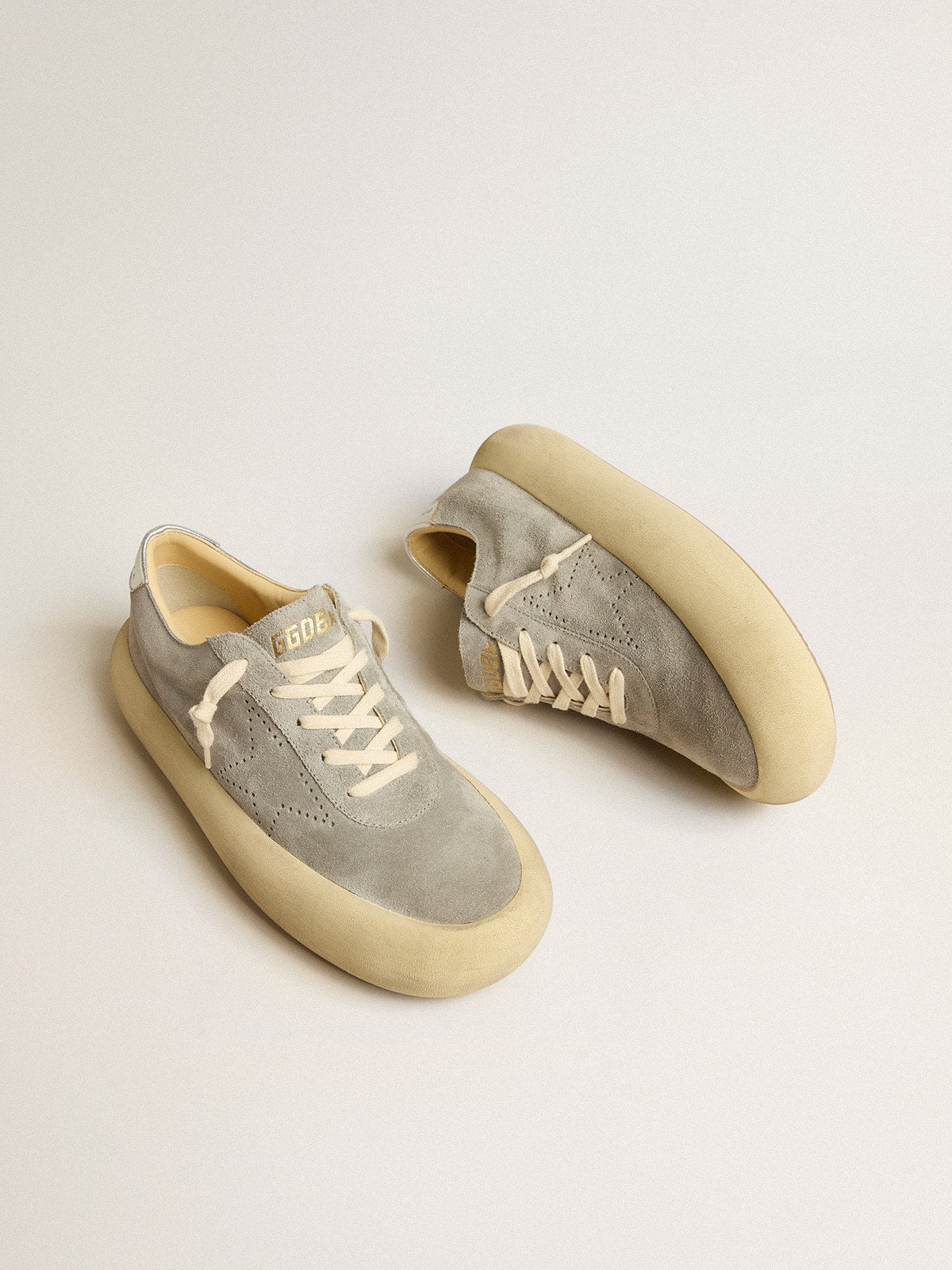 Golden Goose Women's Space-Star shoes in ice-gray suede with perforated star