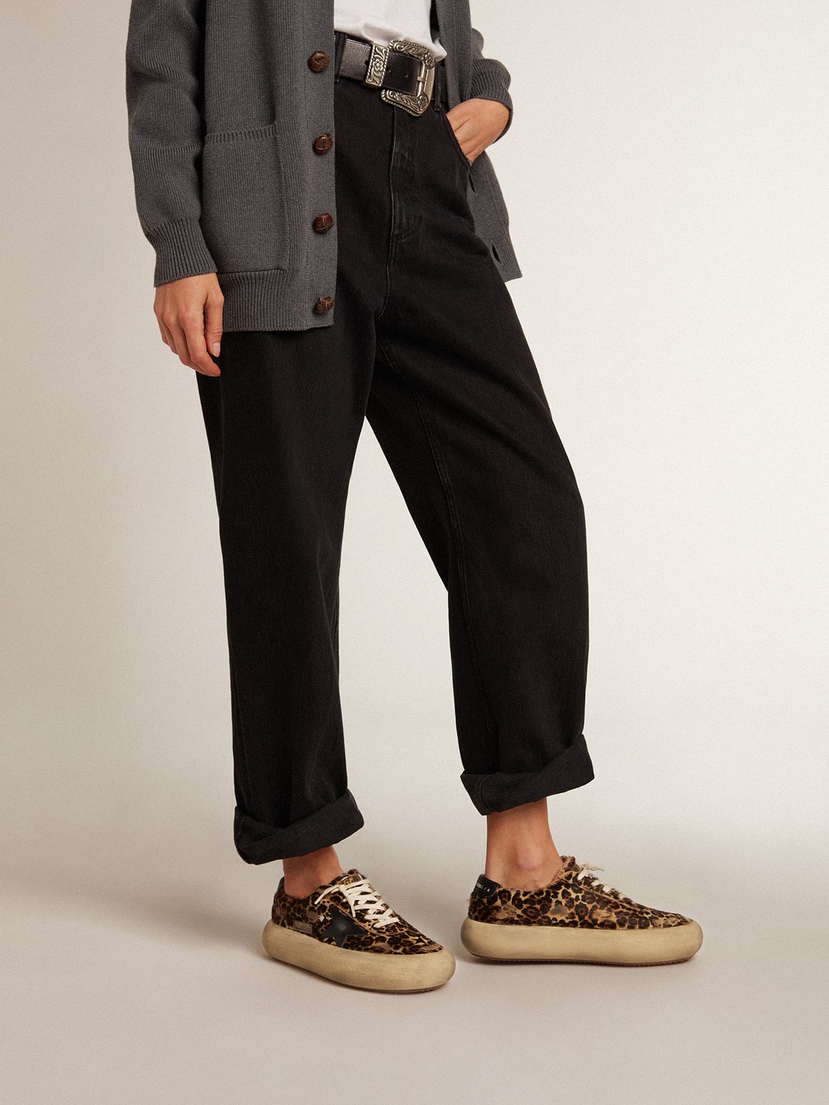 Golden Goose Women's Space-Star in leopard print pony skin with black star