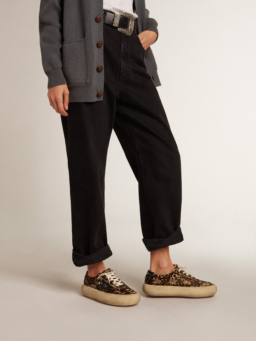 Golden Goose Women's Space-Star in leopard print pony skin with black star