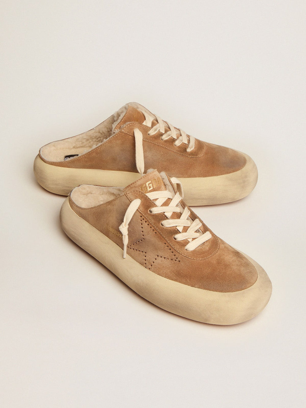Golden Goose Women's Space-Star Sabot shoes in tobacco-colored suede with shearling lining