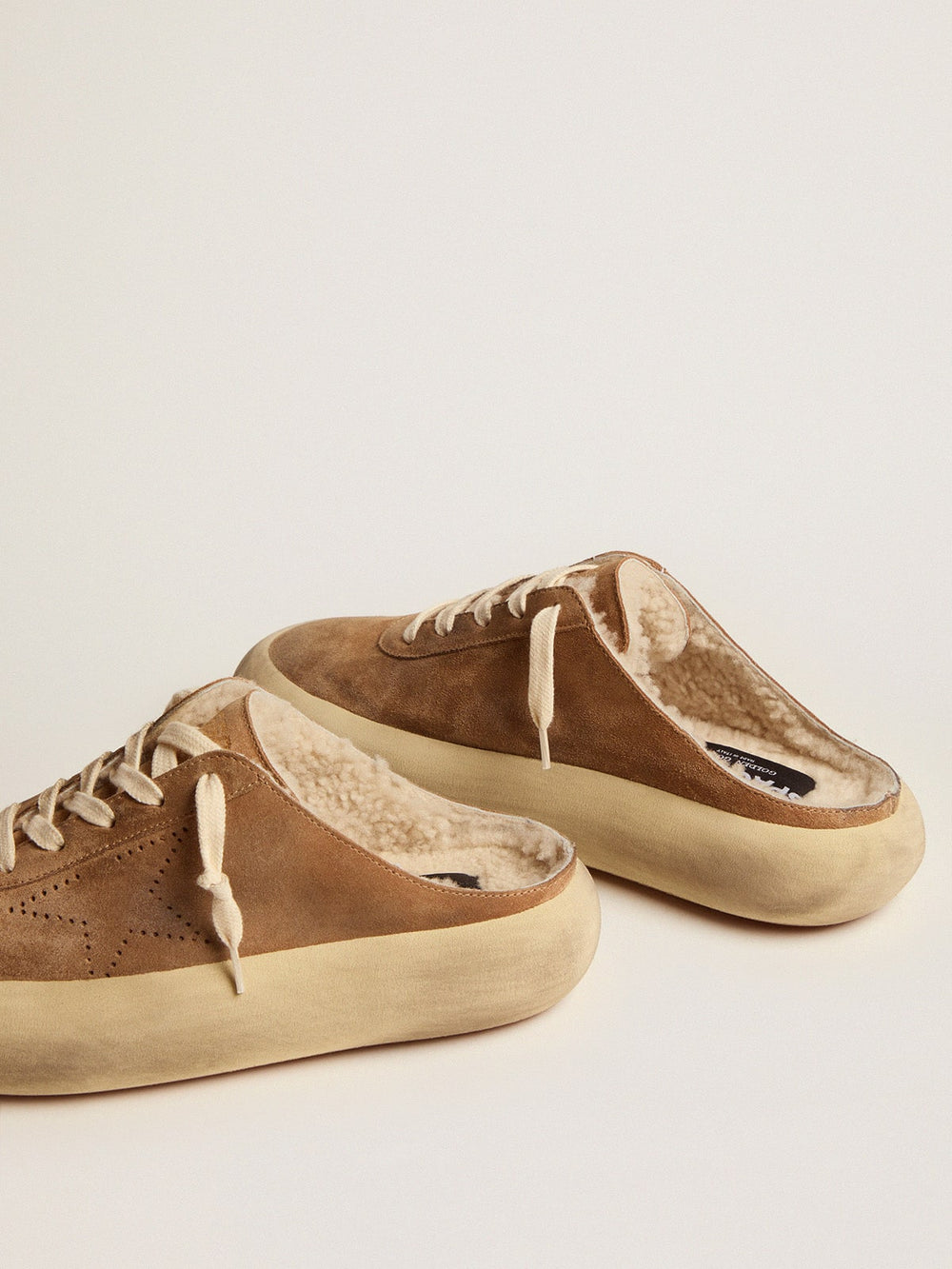 Golden Goose Women's Space-Star Sabot shoes in tobacco-colored suede with shearling lining