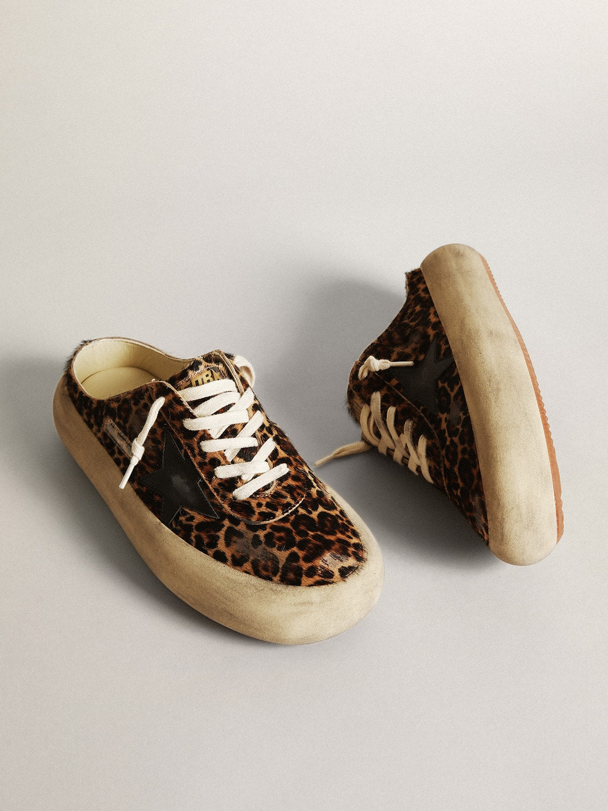 Golden Goose Women's Space-Star Sabot in leopard print pony skin with black star